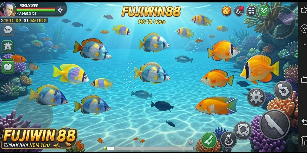 Tampilan gameplay FUJIWIN88 dengan berbagai ikan berwarna-warni.